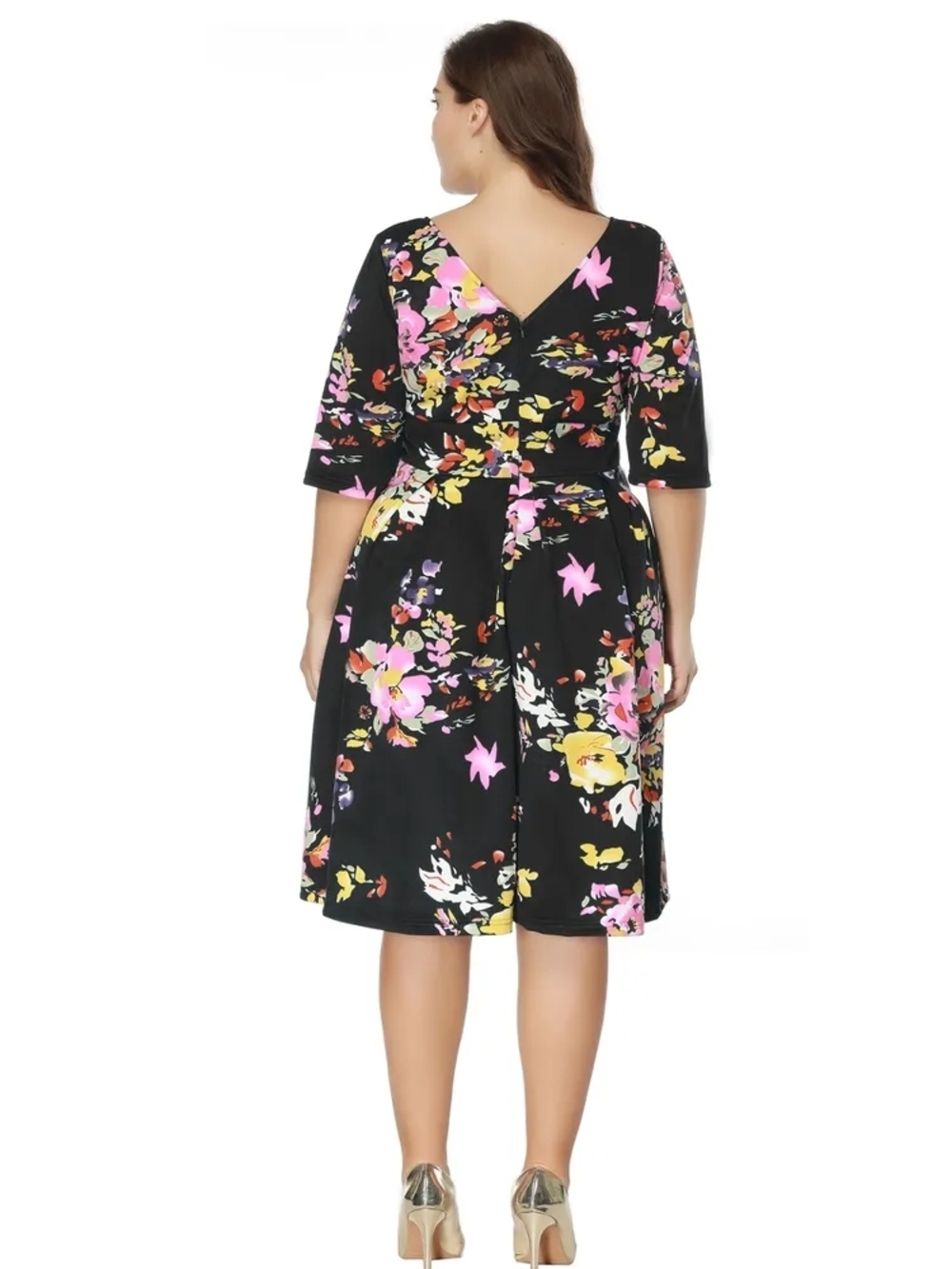 Black Floral V-Neck Midi Dress - Plus Size